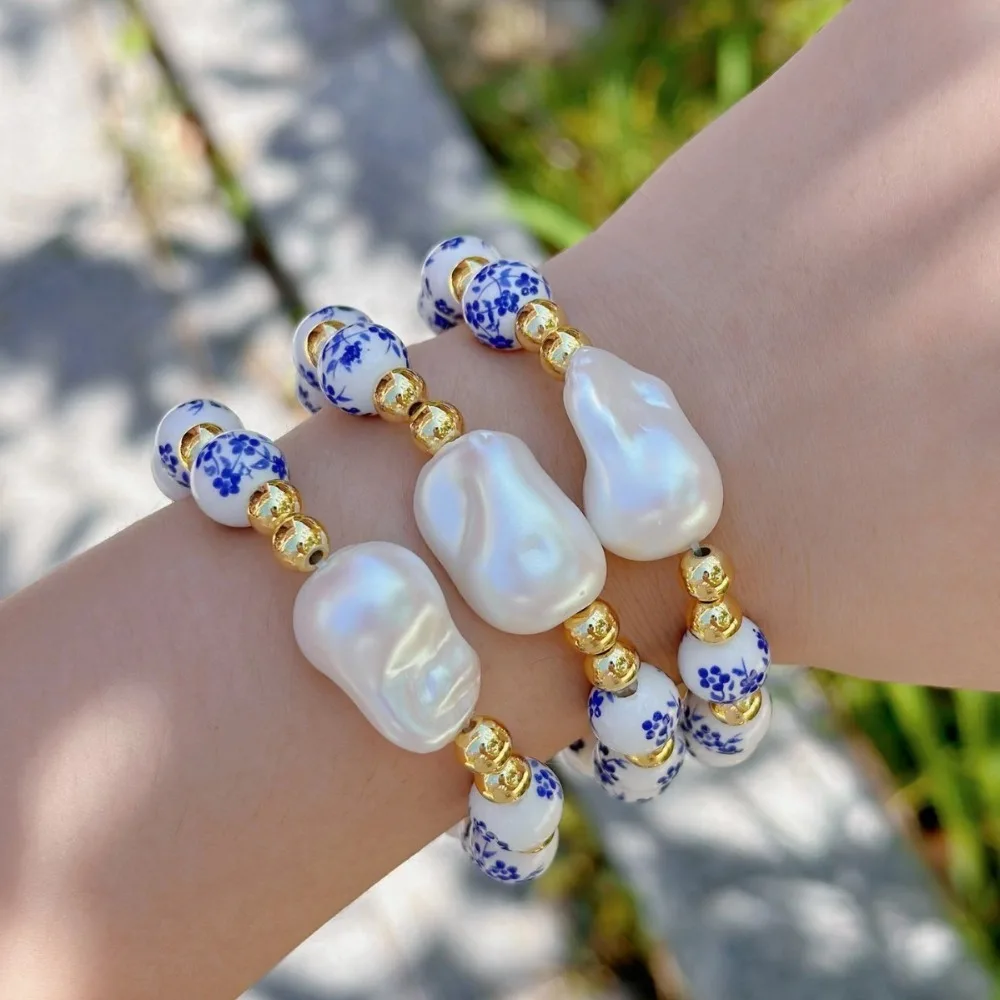 Retro Chinese Style Blue And White Porcelain Imitation Pearl Elastic Bracelet Bead String Jewelry Gift for Friends