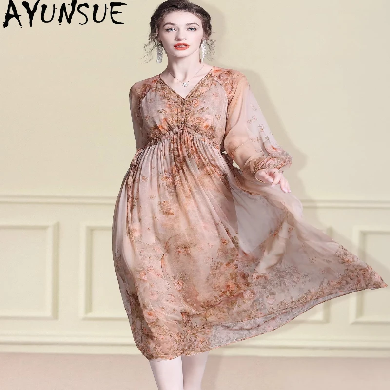 

AYUNSUE 100% Real Mulberry Silk Elegant Dress for Women High-end Summer Woman Clothes Party Dresses 2026 Print Платье Женское