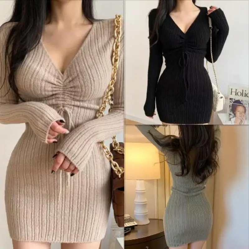 

Осеннее трикотажное платье с V-образным вырезом и завязками