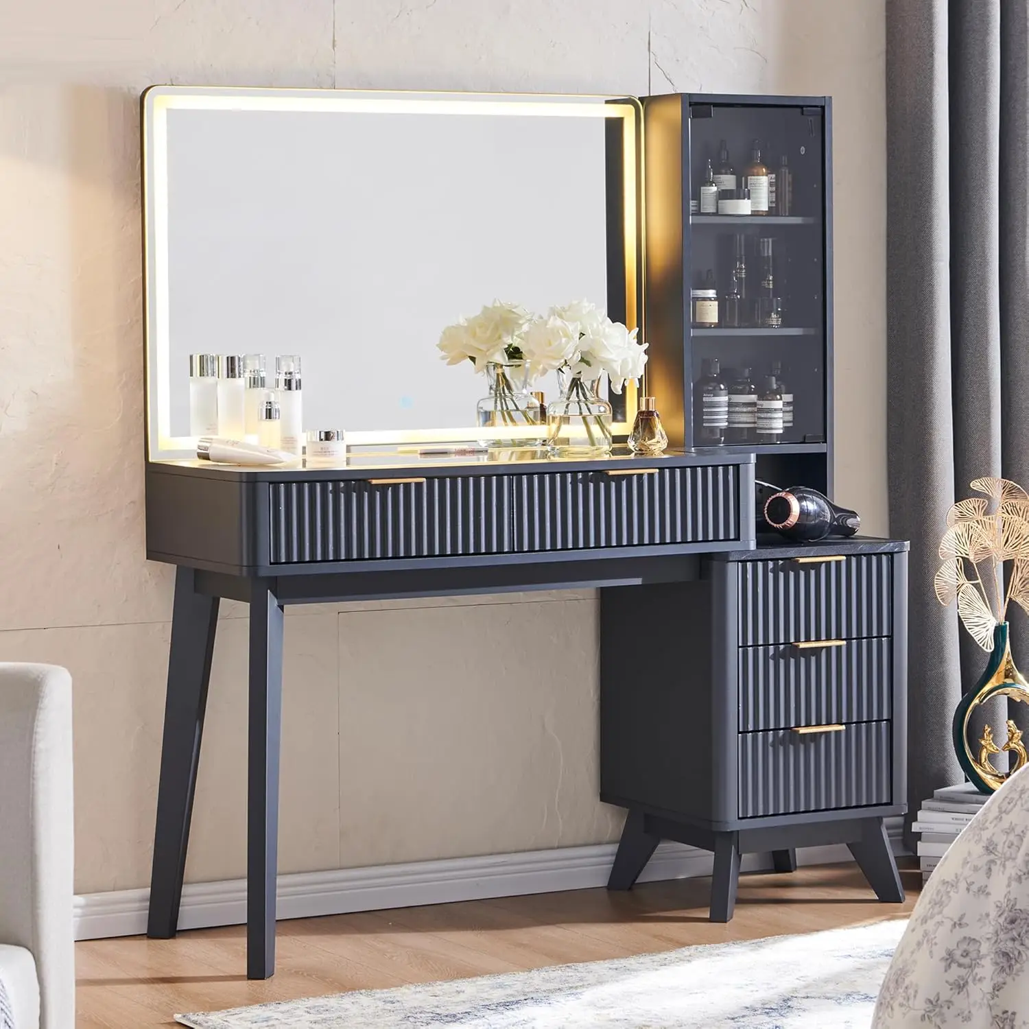 

48" Fluted Makeup Vanity Desk with Large 36" Mirror and Lights, Modern Glass Top Big Vanity Table w/5 Drawers & Adjustable Shelf