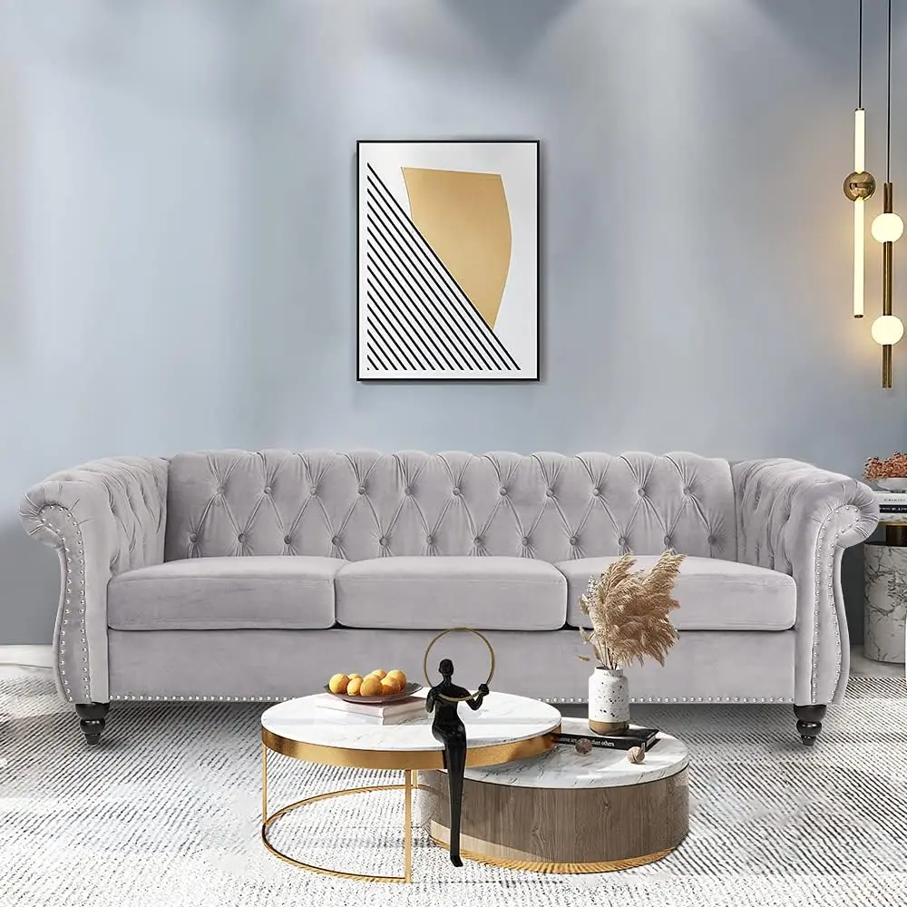 Three-Seat Velvet Large Sofa Classic Tufted Chesterfield Settee Sofa Modern 3 Seater Couch Furniture with Tufted Back Dark Grey