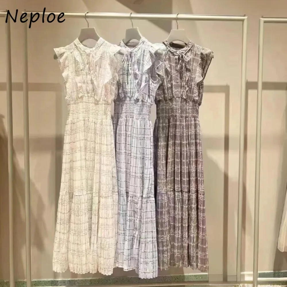 

Neploe Elegant Stand Collar Flying Sleeve Sweet Robe High Waist Fungus Lace Up Fit Dress Japan Plaid Pleated Casual Vestidos