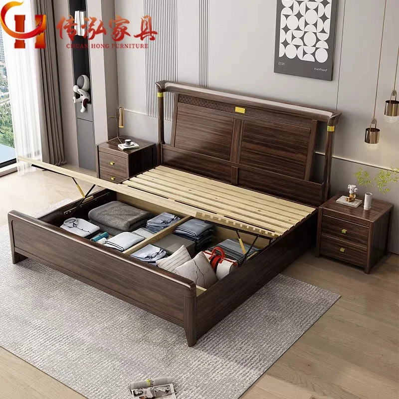 Ebony new Chinese solid wood bed modern simple 1.5 meters single 1.8 meters double bed high box
