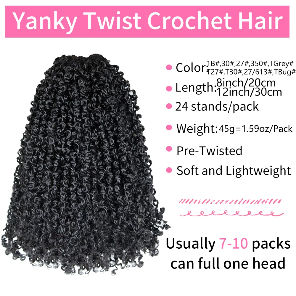 8/12インチ プレループ ヤンキーツイスト クロシェヘア、1/8パック、合成ミニパッションツイスト、セネガルブレイズヘア