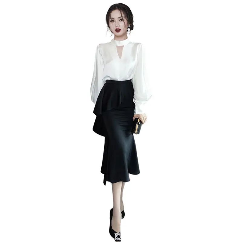 Korean Popular Personality Long-sleeved Chiffon Shirt Ruffled Skirt Two-piece Elegant Women Skirt Suit Office Manager Outfits