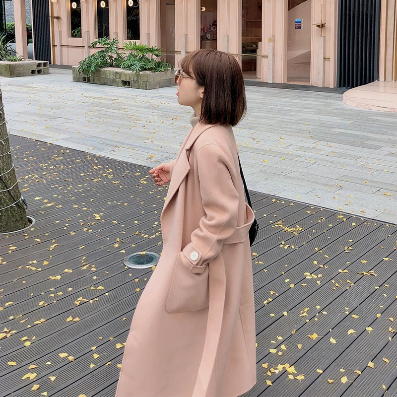 

Double-Faced Woolen H-Sle Medium-Length Coat by Robin's Egg Small 2-Color Pink Orange Korean Sle Commute Pure Color