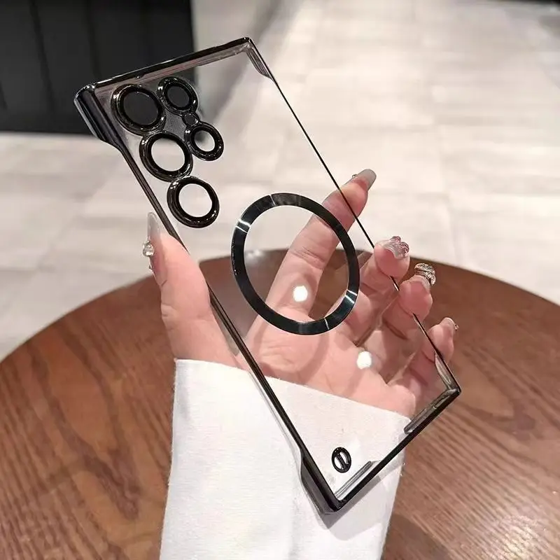 Transparent Plating Magnetic Frameless Phone Case for Samsung Galaxy S25 Plus S24 S23 S22 Ultra Camera Lens Protection Cover