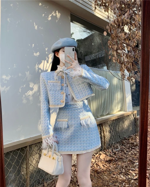 Korean Style Suit Women s Elegant Quilted Tweed Coat High Waist Skirt Versatile Shirt Three piece Set Fashion Female Clothes AliExpress