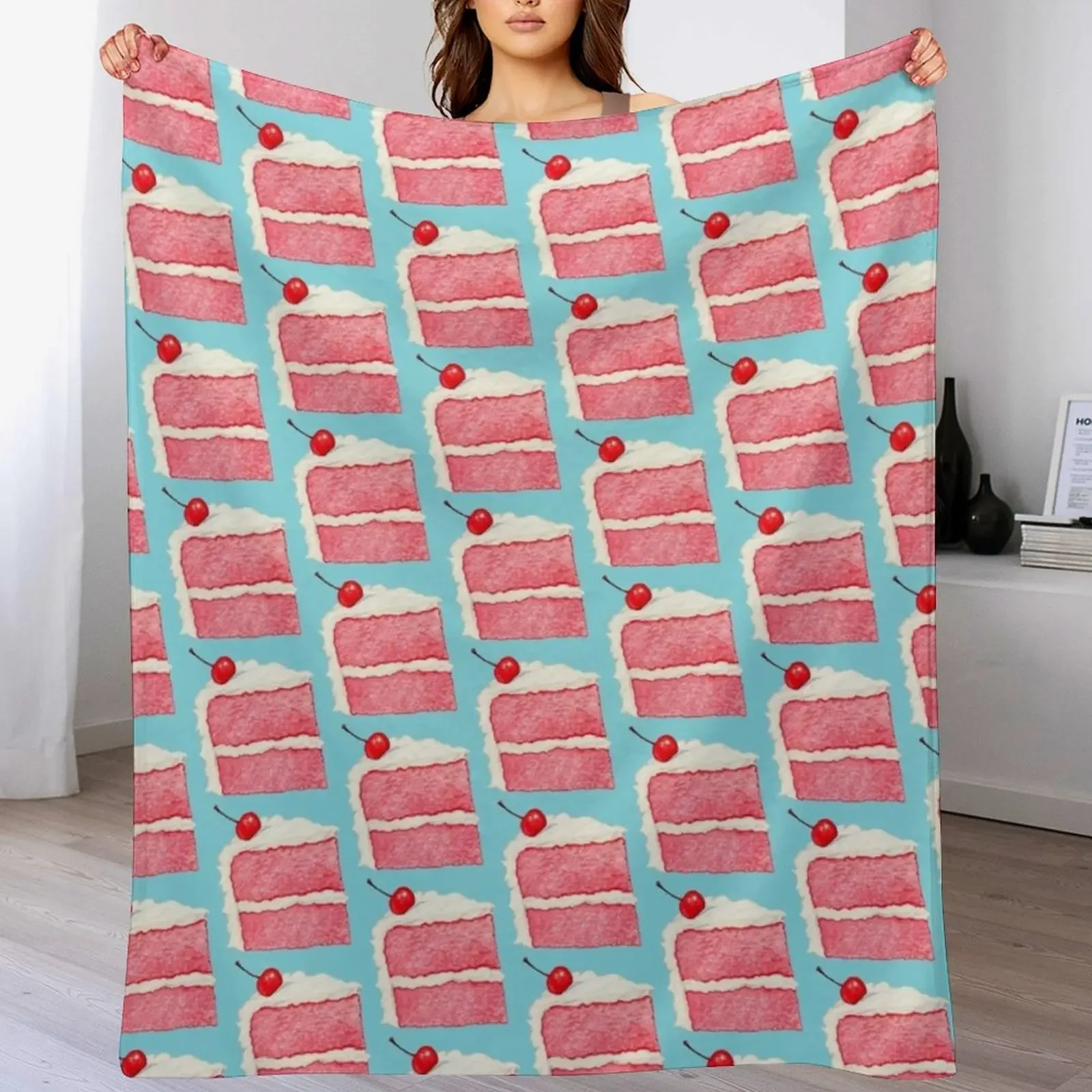 

Cherry Cake Slice Pattern - Blue Throw Blanket Cozy Microfiber Throw Blanket for Home Bedroom