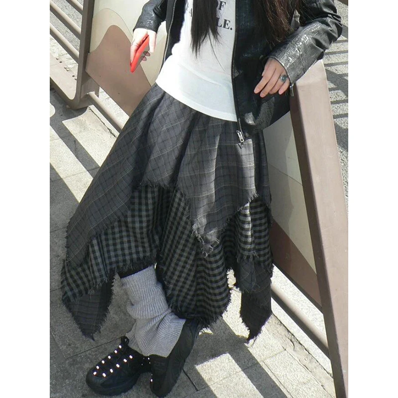 

PBAP Irregular Ruffle Long Plaid Skirt Women Vintage Spliced Raw Edge Elastic Waist Flowy Loose A-line Skirt Grunge Streetwear