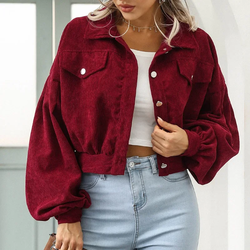 New Autumn Winter Jackets for Women Lantern Sleeve Tops Cropped Bomber Jacket Overcoat Outwear clothes Corduroy Coat 18047