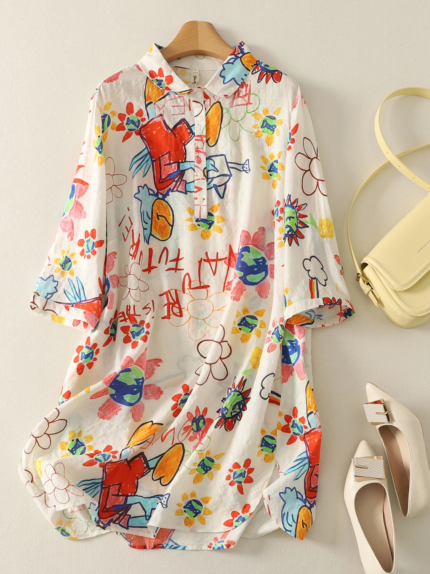 

High-End Graffiti Print Shirt Dress Women's plus Size Mid-Length Seven-Sleeve Casual Fashion Artistic Style Breathable Fabric