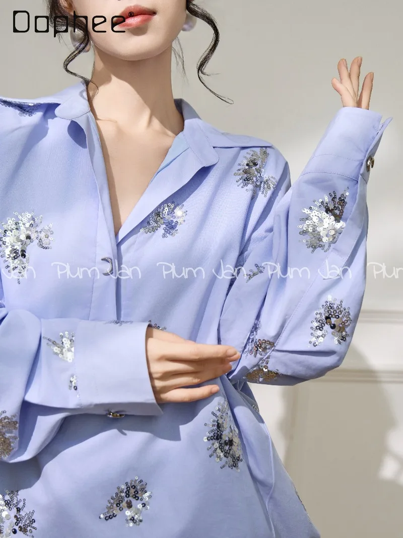 

Korean Chic Heavy Sequin Flower Embroidery Turn-down Collar Long Sleeve Shirt Spring New Commuting Trendy Loose Versatile Shirt