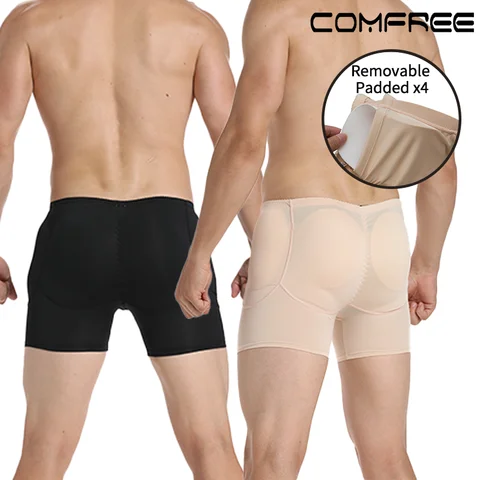 Men's 4 Removable Padded Boxer Sexy Hip Enhancer Breathable Butt Lifter Shapewear Booty Padded Underwear Short Panties Tummy Control Body Shaper
