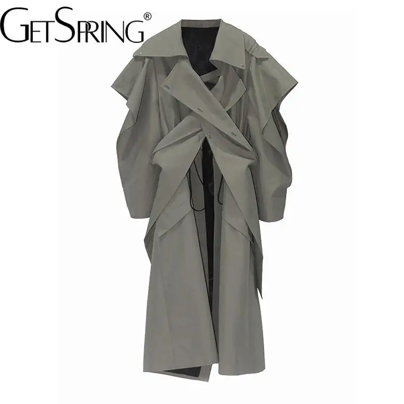 GetSpring Women Trench Coat 2024 Autumn Thickened Loose Cloak Irregular Ladies Windbreaker Drawstring Loose Long Female Overcoat