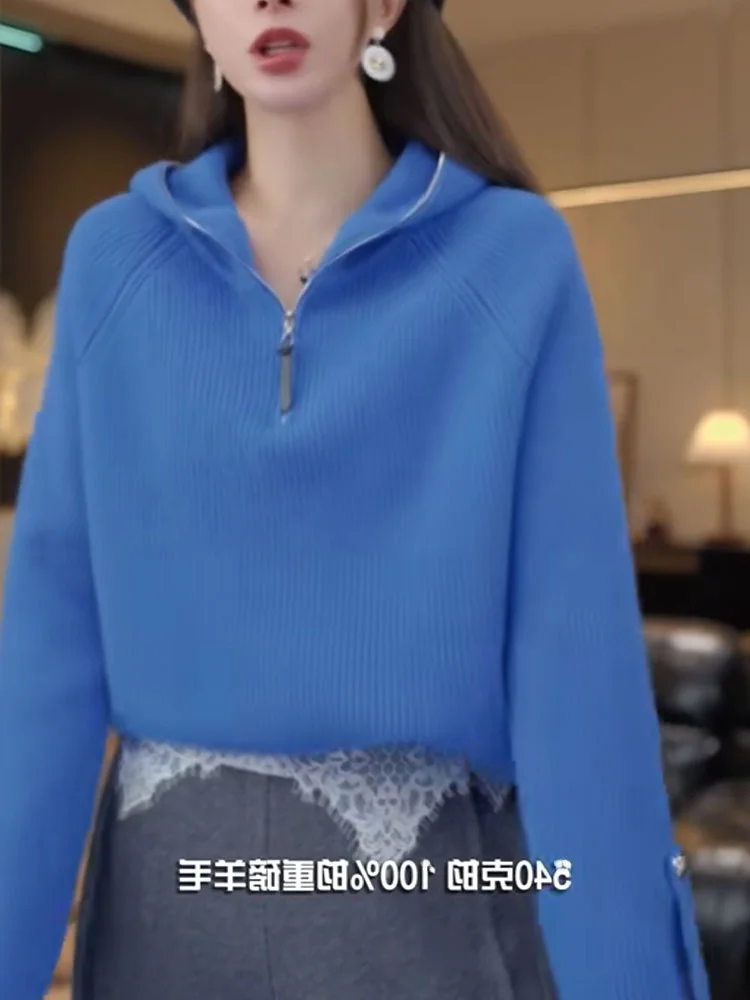 เสื้อคลุมไหมพรมมีฮู้ดสำหรับผู้หญิง ฤดูใบไม้ร่วง ฤดูหนาว แขนยาว สวมหัว สไตล์ลำลอง แฟชั่น ดีไซน์ซิป ไซส์ใหญ่ ใส่เป็นเสื้อตัวในได้