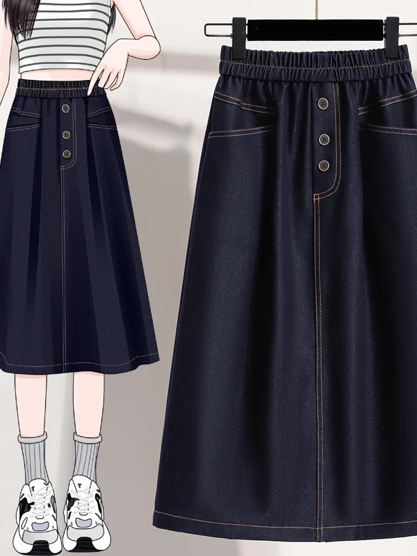

Loose Casual Denim A-Line Skirt for plus Size Women High Waist Korean Sle Summer Slimming Brand Bule Large Size
