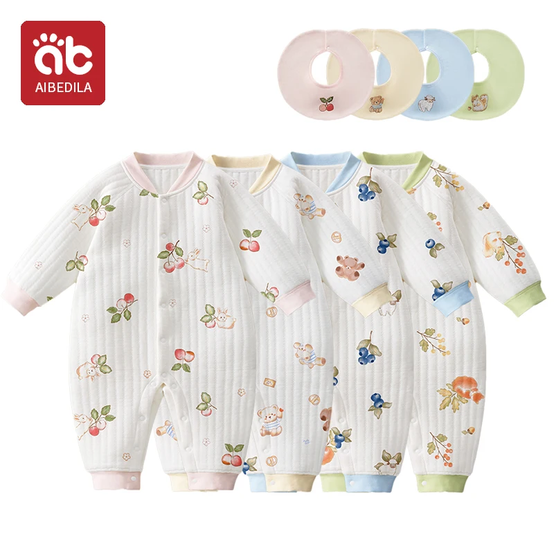 AIBEDILA Baby Long Sleeves jumpsuit Clothes Winter Quilted Cotton Warm Infant Split Leg Pajamas With bibs kids Butterfly Clothes