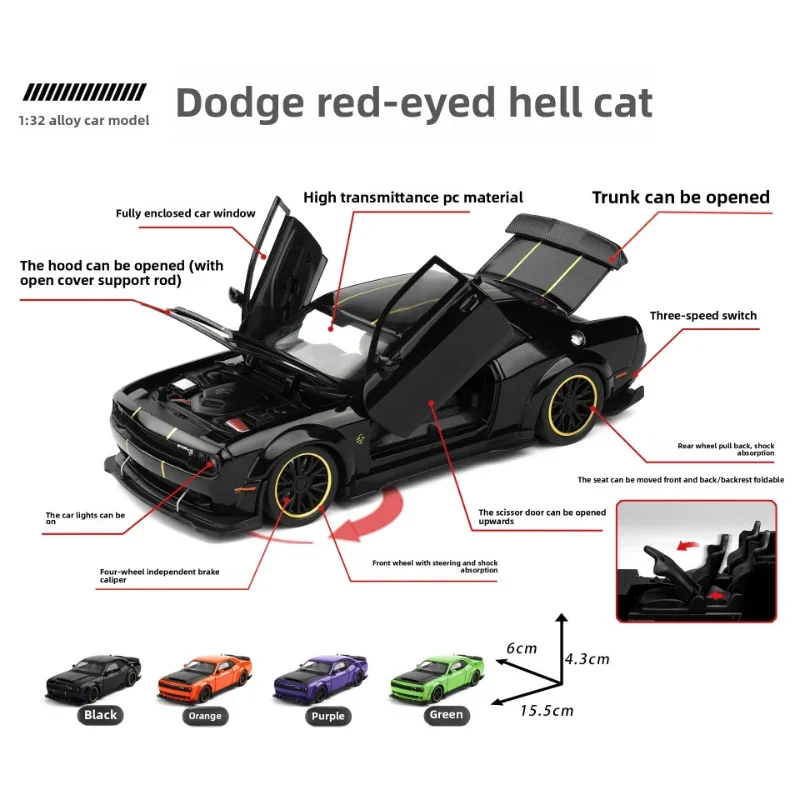 1:32 Dodge Challenger Hellcat SRT Alloy Car Model Sound Light Pull Back Metal Toy Vehicle Boy Gift Collection Miniature Voiture