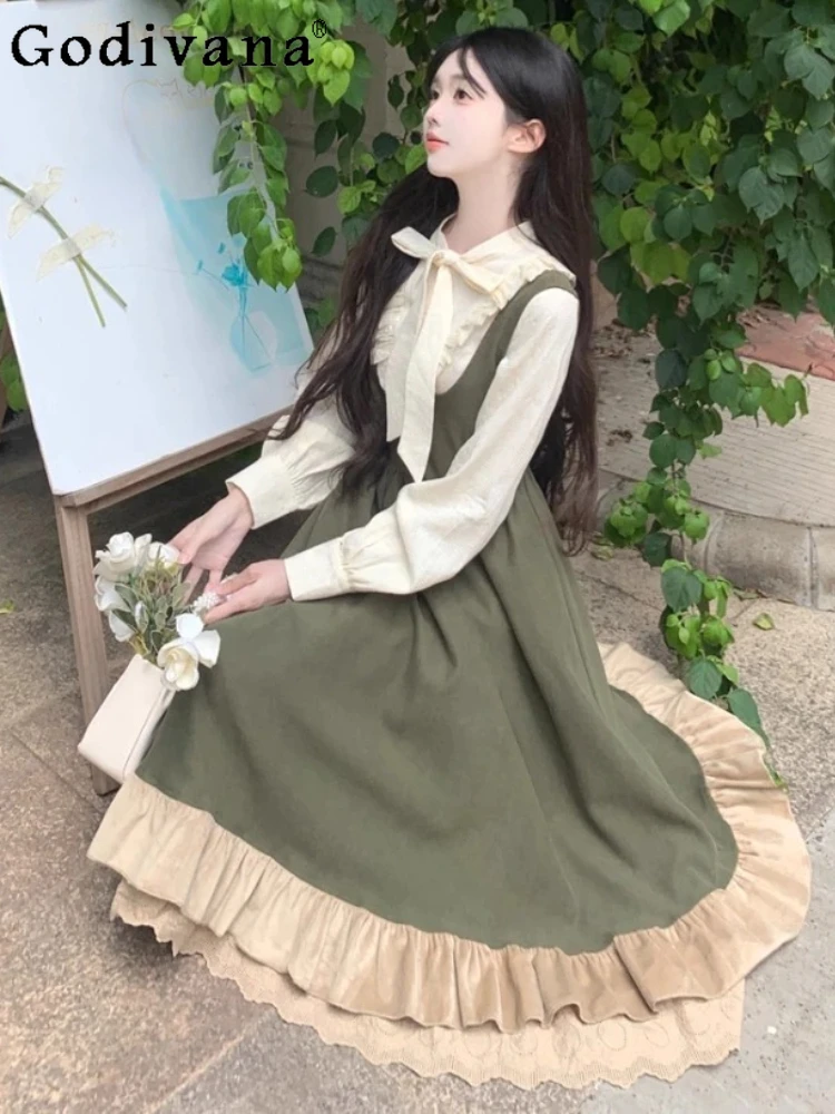 

Женское весенне-осеннее новое зеленое французское платье большого размера с высокой талией и оборками на бретельках, рубашка с длинными рукавами и милым бантом, комплекты для колледжа в стиле Лолиты