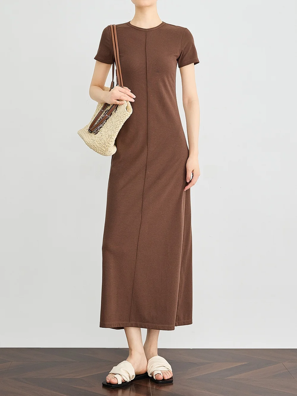 

Вязаное длинное платье FALIN для женщин, тонкое, с коротким рукавом, круглым вырезом, летнее, в корейском стиле, для повседневной носки, из смесового хлопка