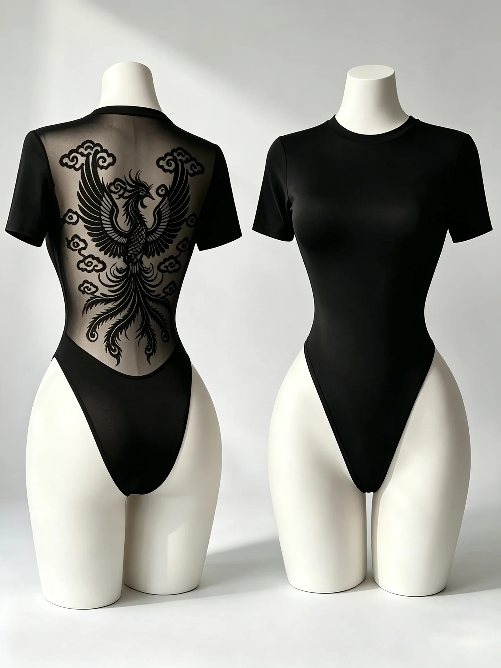 Women Short Sleeve Bodysuit Sheer Mesh Back Phoenix Embroidery Slim Fit High Cut One Piece Top Elegant Sports Tops & Tees