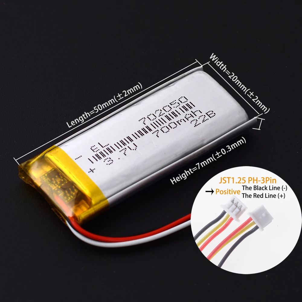 JST1.25mm 3Pin 802050 3.7V 900mAh Rechargeable Lipo Li Polymer Li-ion Battery  302050 402050 502050 602050 702050 902050 102050