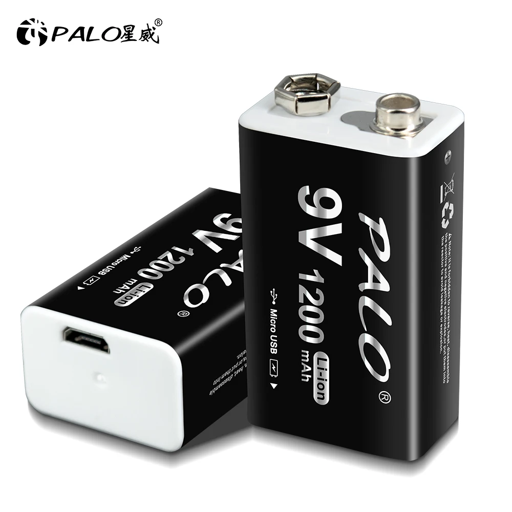 PALO 9V Li-ion Rechargeable Battery Usb Charge 1200mAh 6F22 9V Lithium Battery for Metal Detector Microphone Square Batteries