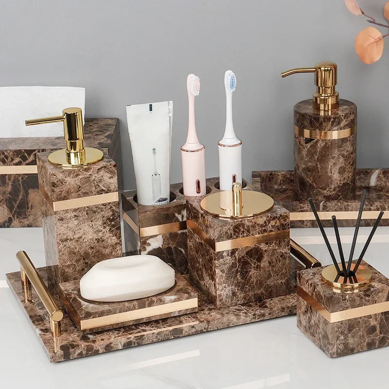 Luxury marble gilt edged bathroom eight piece set lotion bottle paper towel box cotton swab box home hotel bathroom decoration