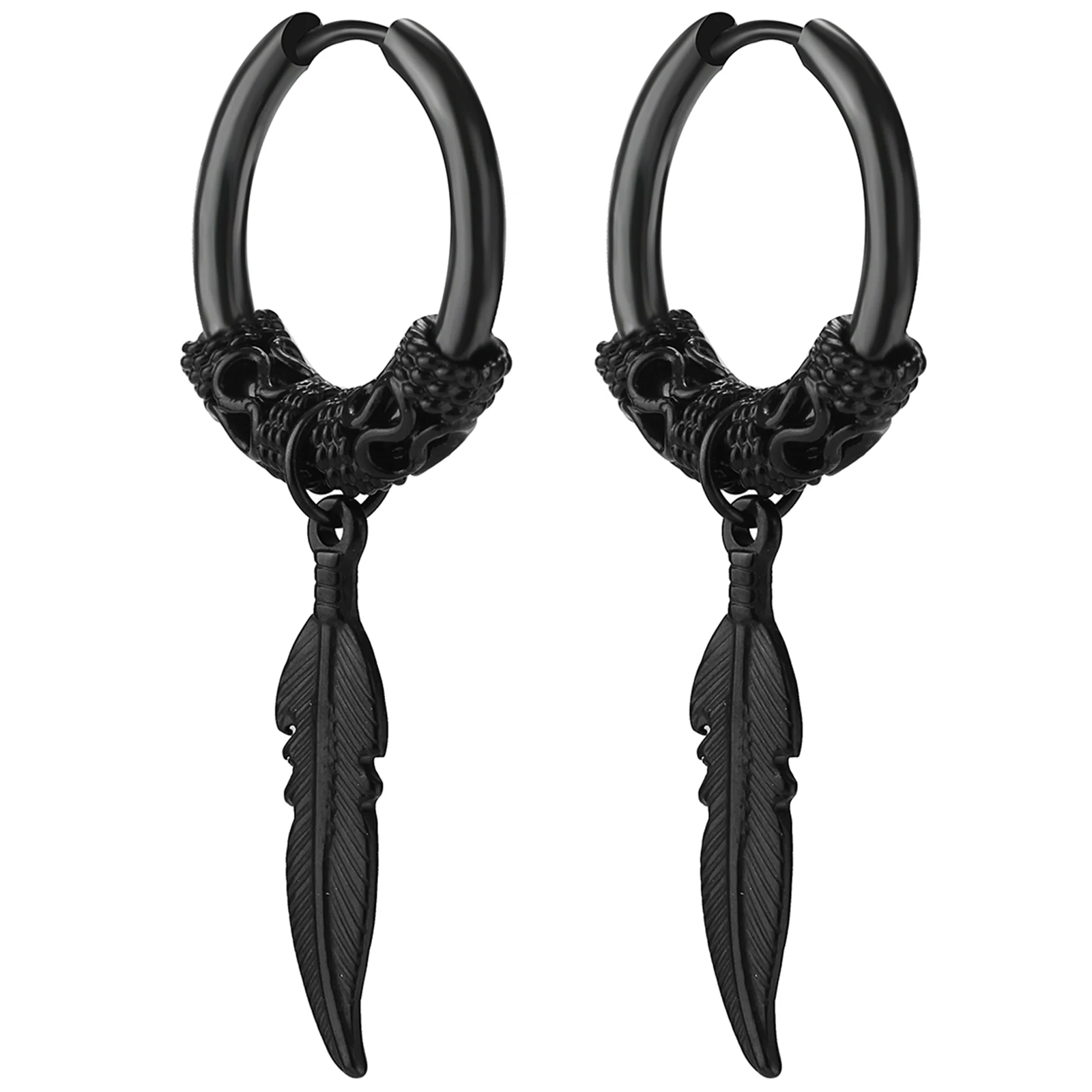 Hip-hop style custom-cast patterned feather dangling hoop earrings, Gothic stainless steel men's and women's ear cuff earrings