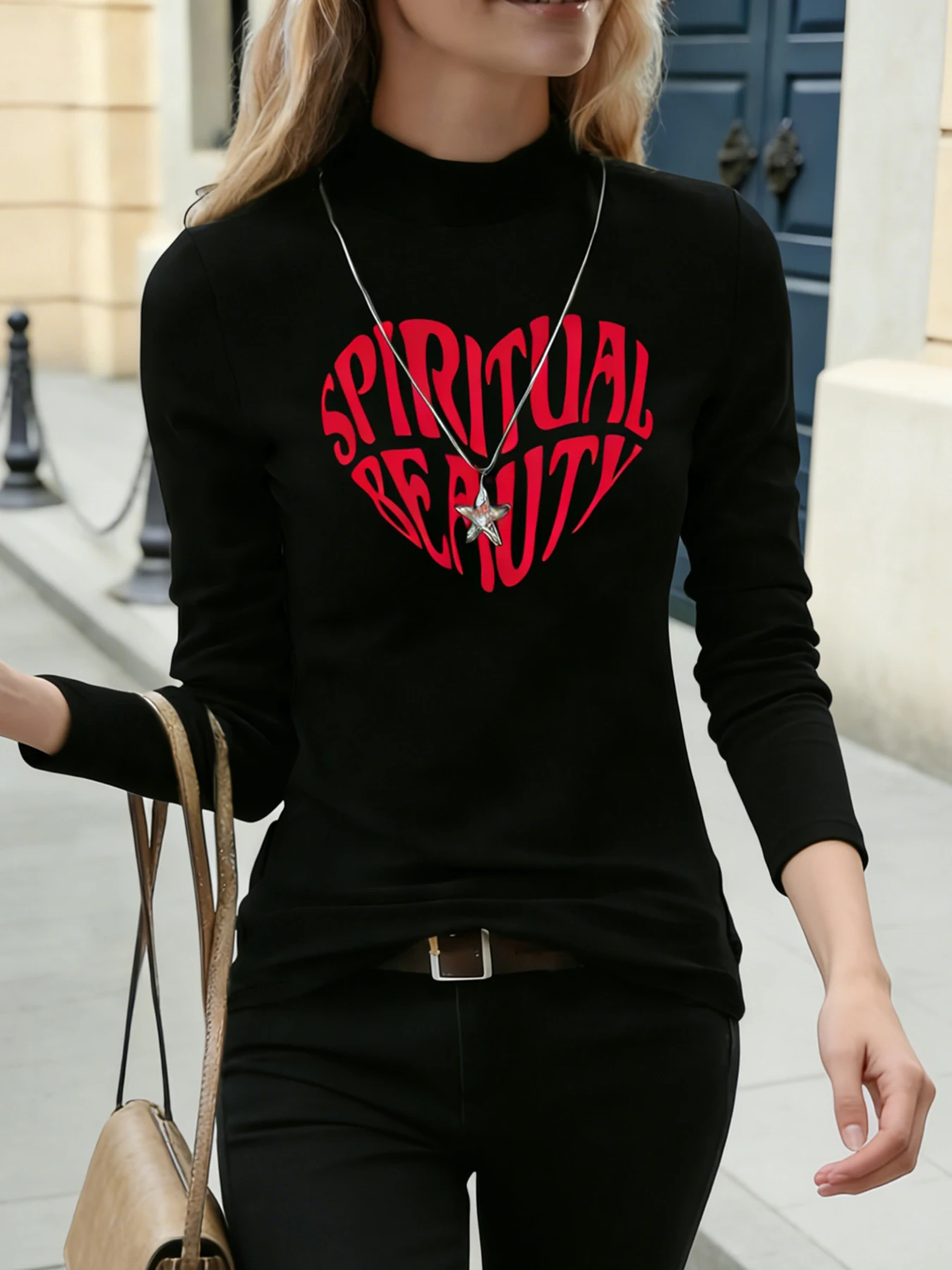 Vrouwen Mock Hals Lange Mouw Tops Rode Spirituele Schoonheid Hart Print Casual Blouse Mode Dagelijks T-shirt Zachte Top Voor Lente Herfst