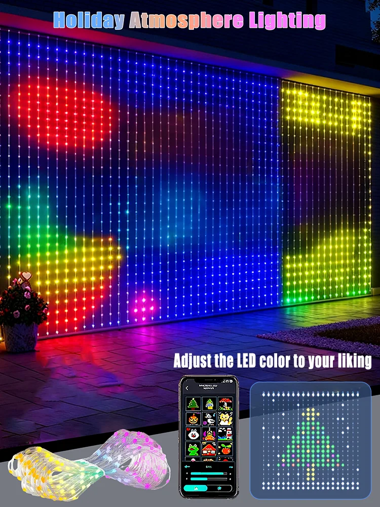 Cortina de luzes inteligentes, bluetooth, controle por aplicativo, rgb, led, à prova d'água, luz de fada, usb, faça você mesmo, padrão de texto, exibição, decoração de sala de festa