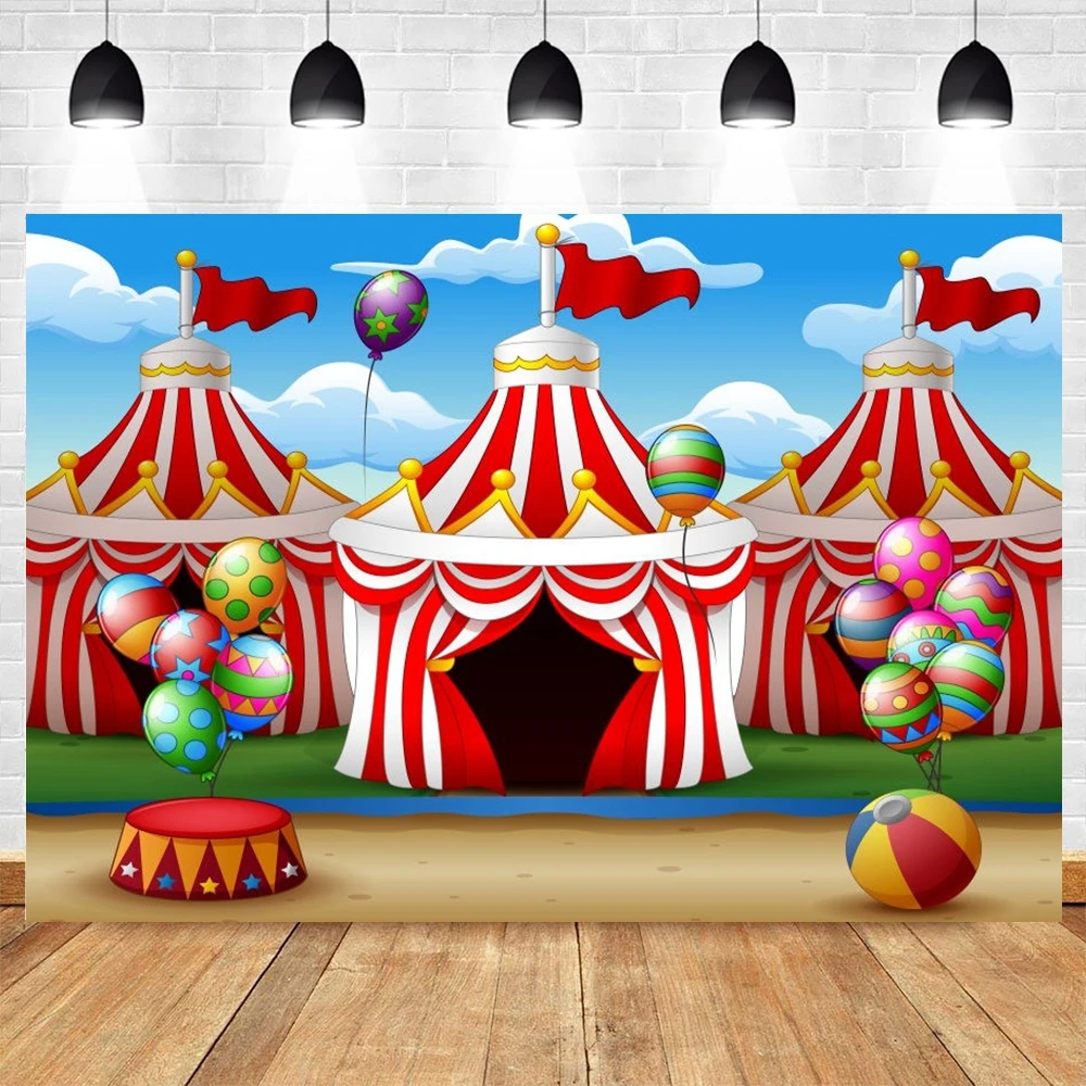 Red Circus Tent Backdrop for Carnival Night Theme Party Baby Shower Kid Birthday Red Curtain Balloon Star Photography Background