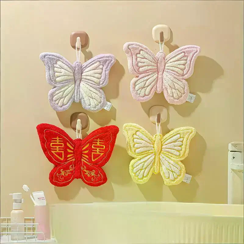 Butterfly Shape Hand Towel Coral Fleece Strong Water Absorption Bathroom Kitchen Rag Thickened Quick Drying Toilet Handkerchief