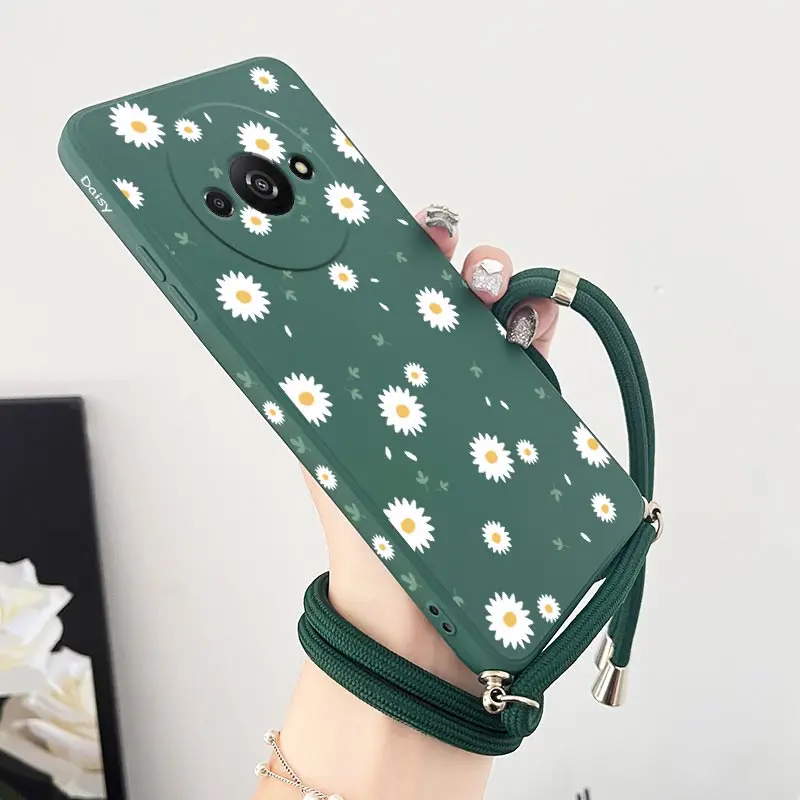 A3 Deciduous Daisies Lanyard New Silicone Phone Case For Xiaomi Redmi A3 Shatterproof Camera Protection Redmi A3 Soft Back Cover