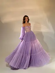 Lilac Evening Dresses 2024 Dot Tulle Removable Full Sleeves Sweetheart A Line Long Floor Length Corset Back Prom Gowns Party