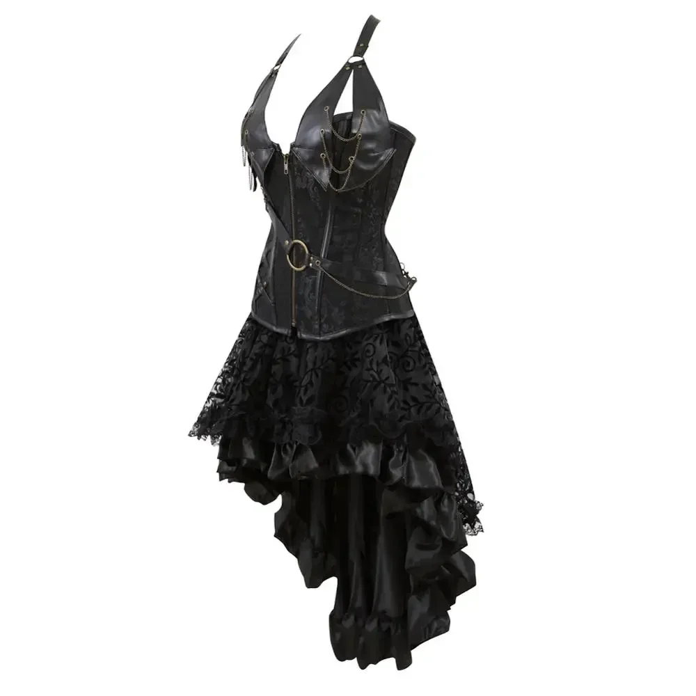 Corset Skirt Steampunk Faux Leather Bustier Dress Gothic Corsage Corsets Set Sexy Party Club Costumes Plus Size Pirate Outfit