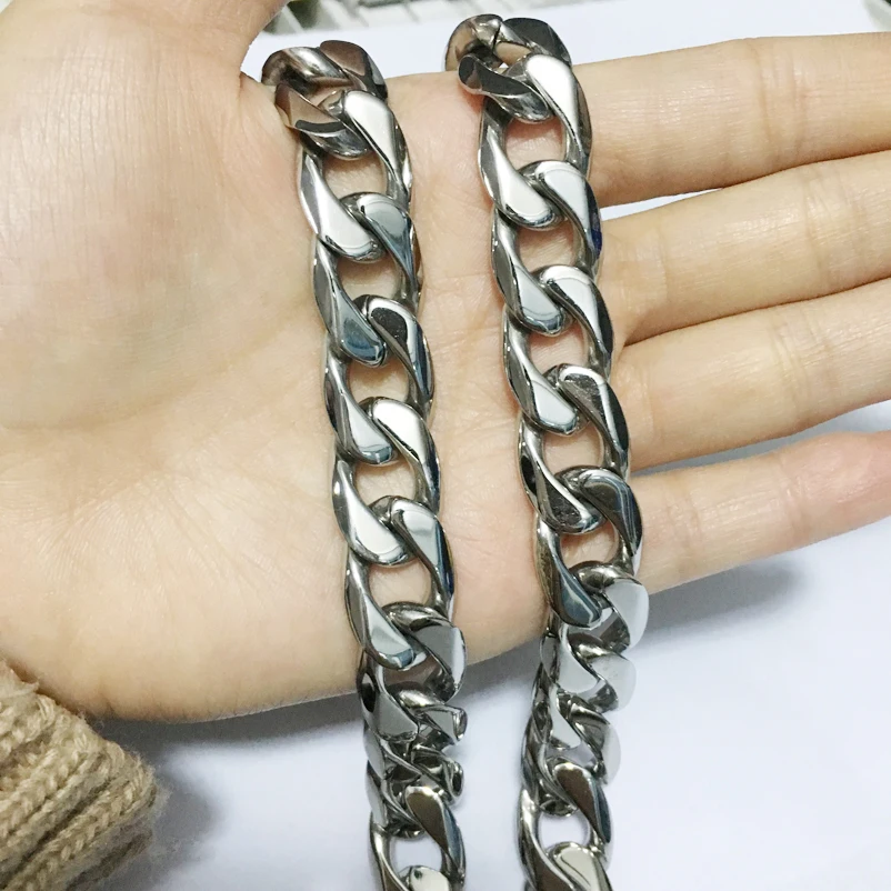 High Quality Silver Color Stainless Steel Men Chains Necklace Jewelry Curb Cuban Chains 18mm Wide Gift 7\