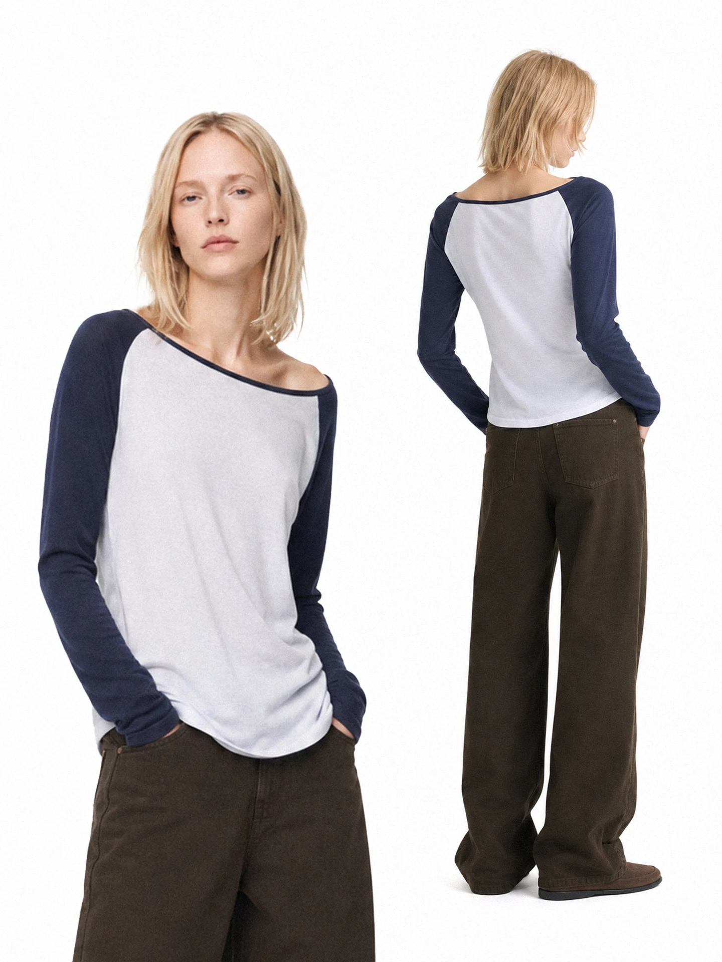 TDDP Women's Long Sleeve Shoulder Insert T-Shirt Color Block Casual Style Loose Top Breathable Cotton Fabric Autumn New Arrivals