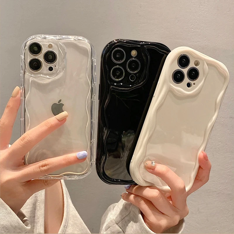 Wave Pattern Solid Color Cream For iPhone 11 12 13 14 15 16 Pro Max Plus Mini Transparent Resistant Couple Clear Shockproof Case