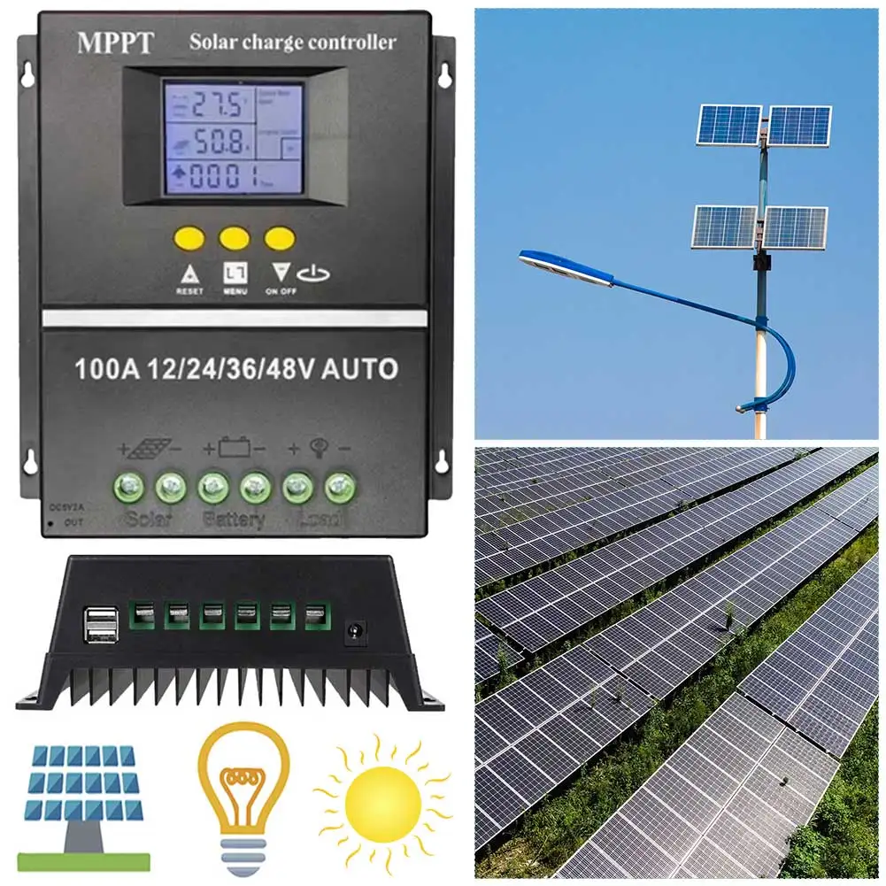 100A MPPT Solar Charge Controller Solar PV Regulator LCD Display Solar PV Battery Charger 12V 24V 36V 48V for Solar Panel