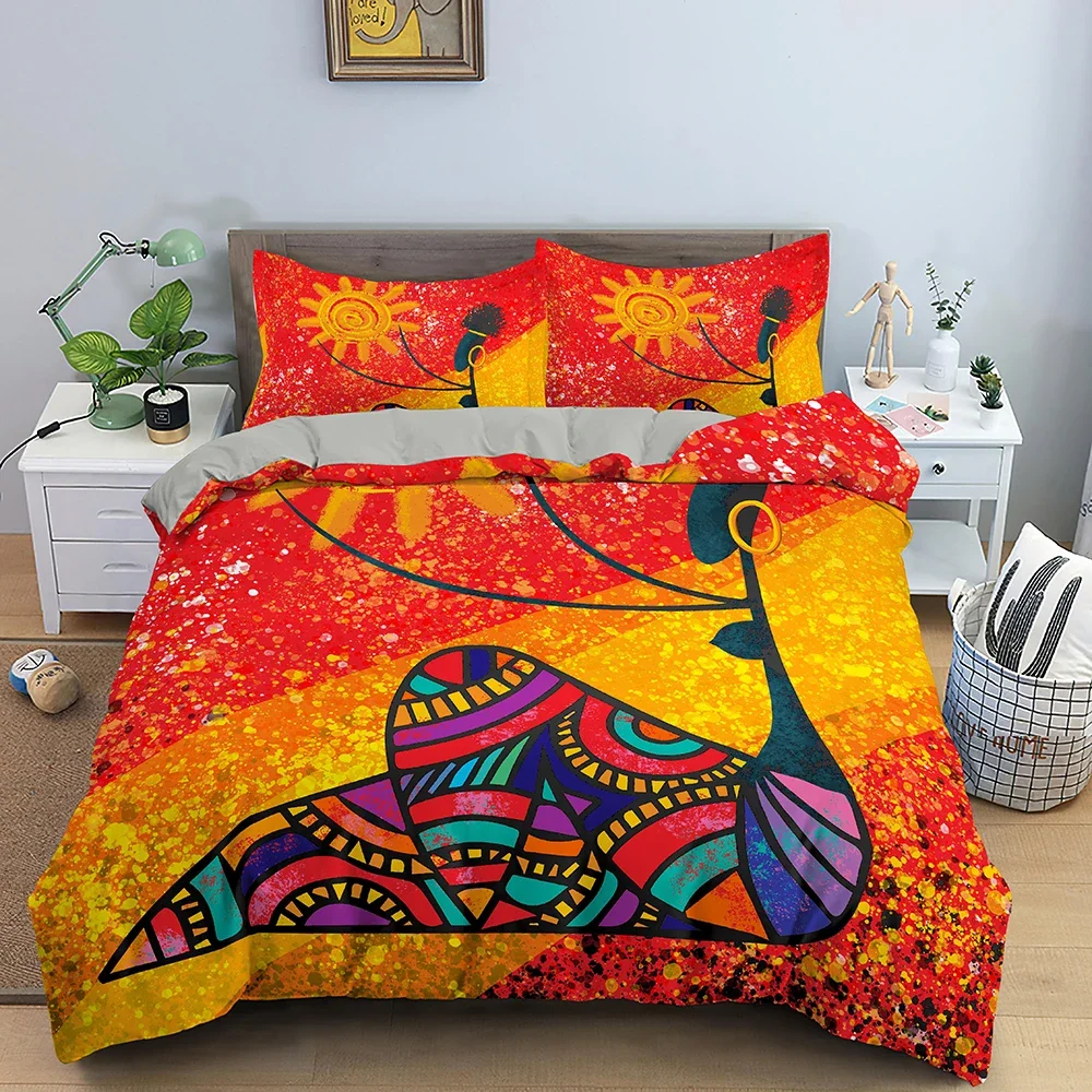 African Duvet Cover Set King/Queen Size,Afro Woman and Traditional Art Grunge Collage Geometric Print Bedding Set for Girl Adult