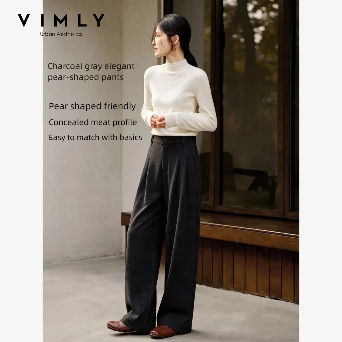 VIMLY Women's Pants 2026 Fall Winter Fashion Commute Dark Gray Drape Suit Pants Loose-fit Casual Wide-leg Baggy Trousers 32071