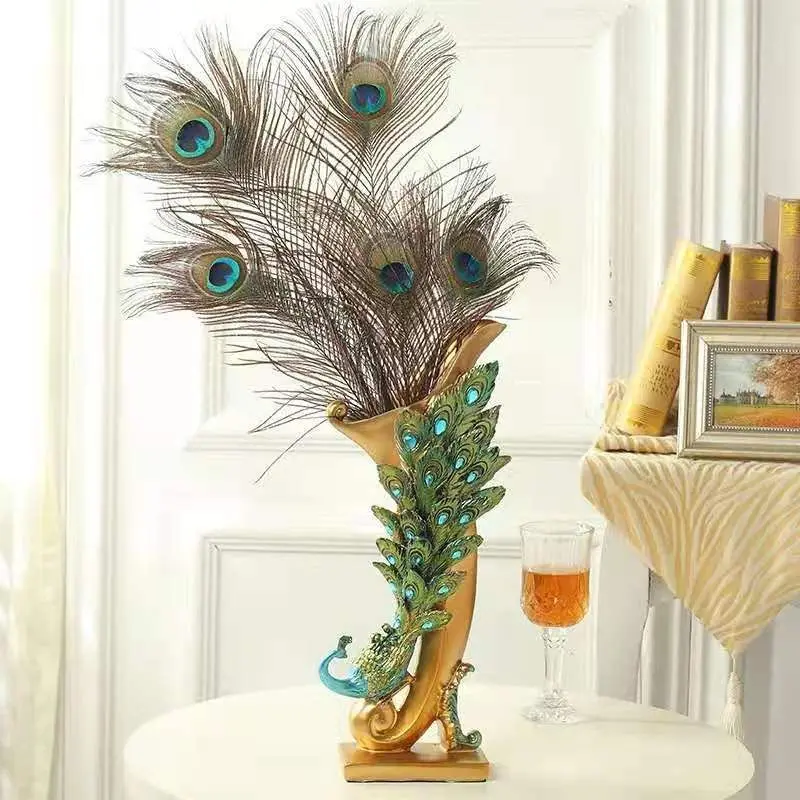 European Peacock Feather Resin Vase Ornaments Home Living Room Table Statues Decoration TV Wine Cabinet Desk Figurines Crafts