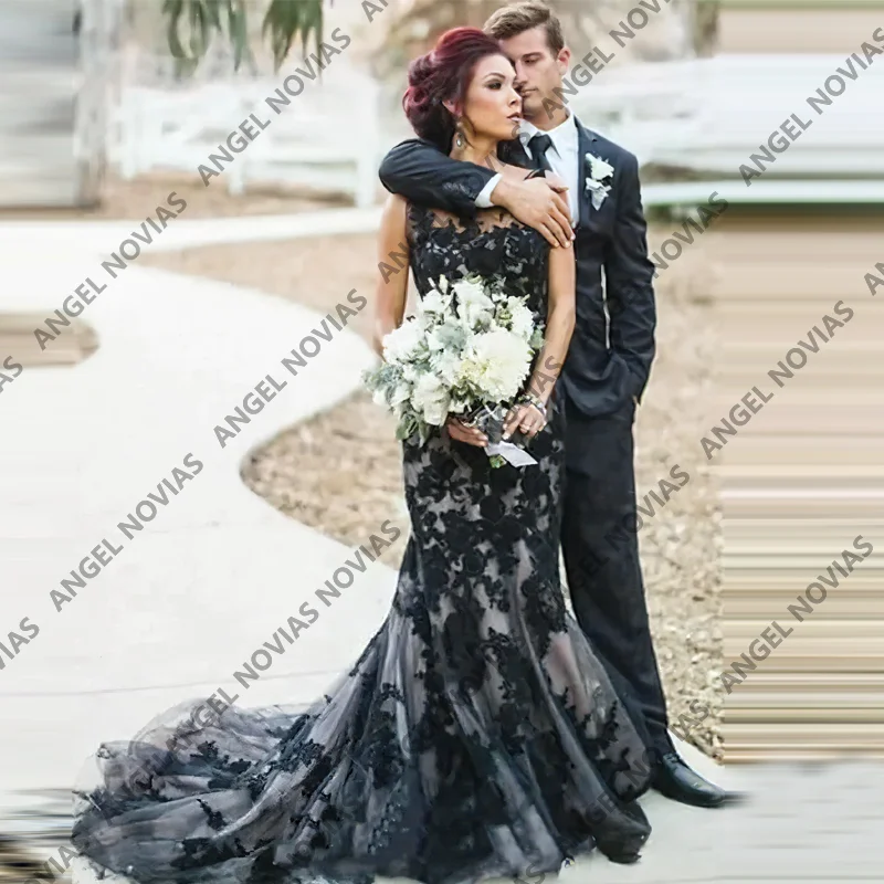 Anjo novias vestidos de casamento de renda preta 2026 rendas apliques vestidos de noiva personalizado vestido de festa de casamento vestidos de novi