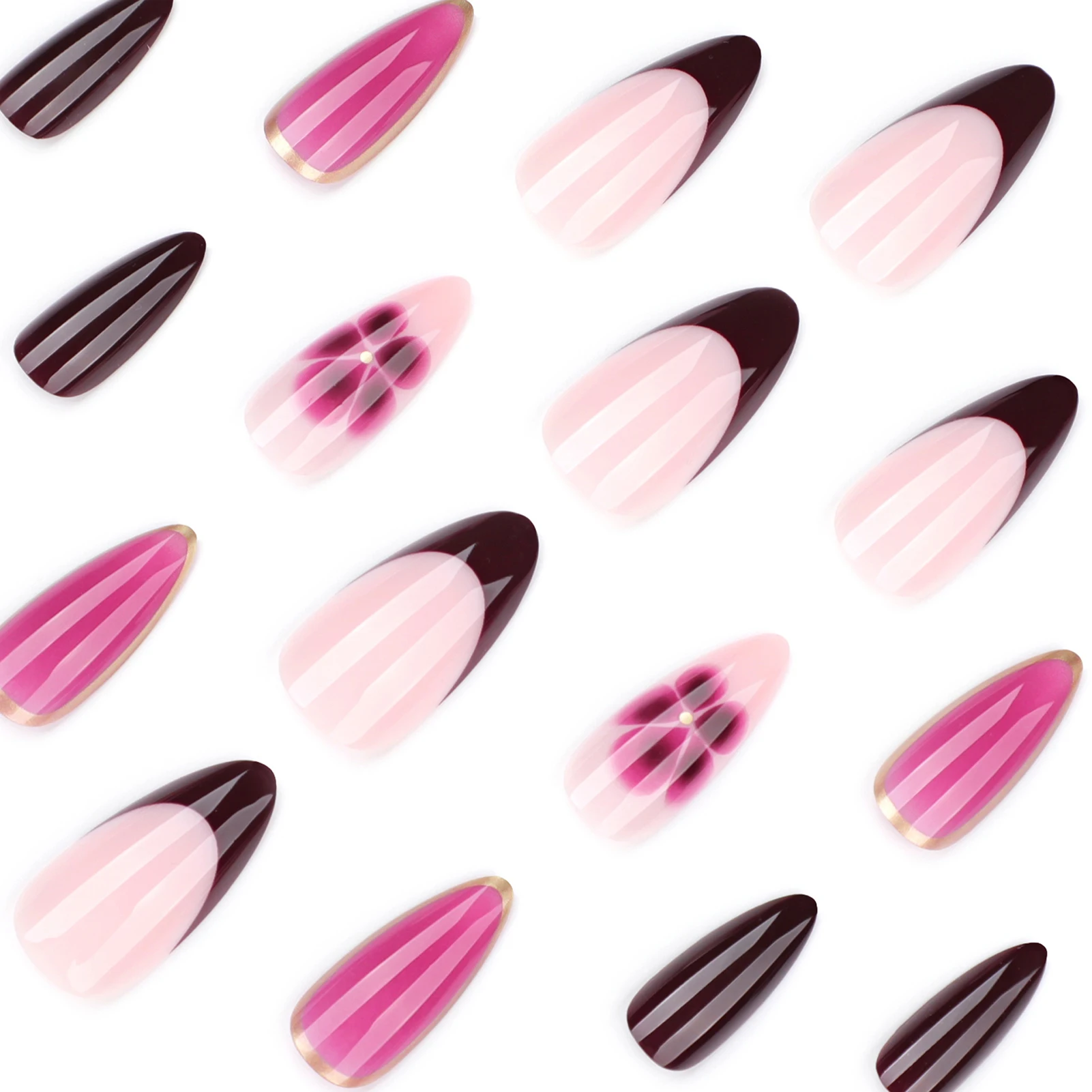 Rose Rose amande faux ongles 24 pièces rouge foncé français presse sur ongles fleur imprimé épicé filles charme manucure Stick-on faux ongles