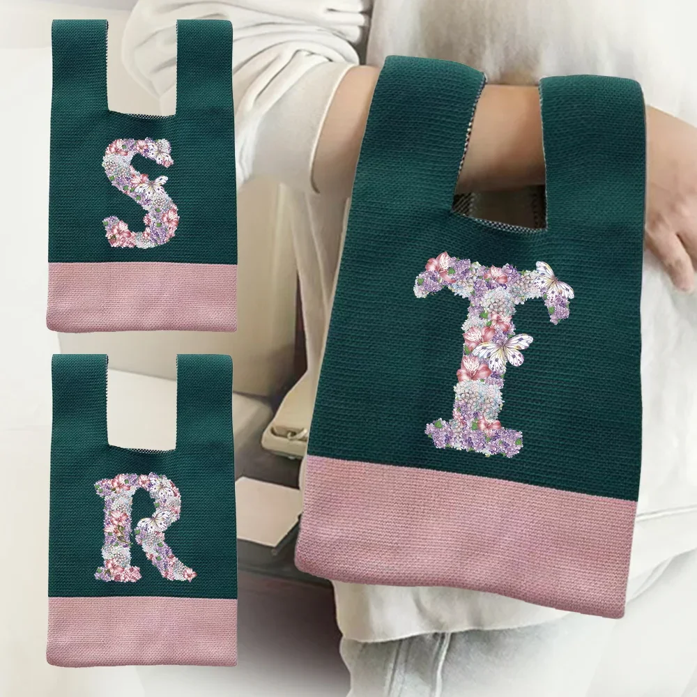 

Wrist Tote Bags Knit Handbag Woven Knot Storage Bag Pouch Portable Purse Large Capacity Handbags Rose Flower Printed Series