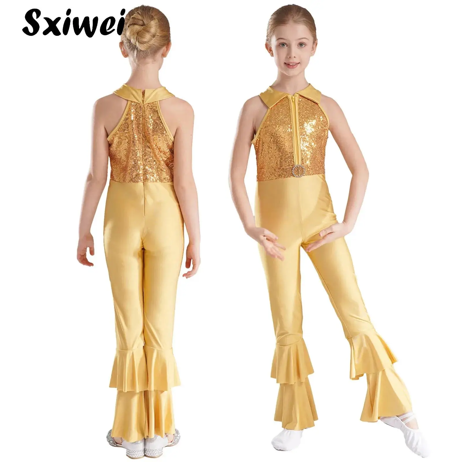 

Kids Girls Shiny Sequin 60s 70S Disco Flared Jumpsuit Halloween Hippie Costume Metallic Bell-bottom Long Pants Romper Dancewear