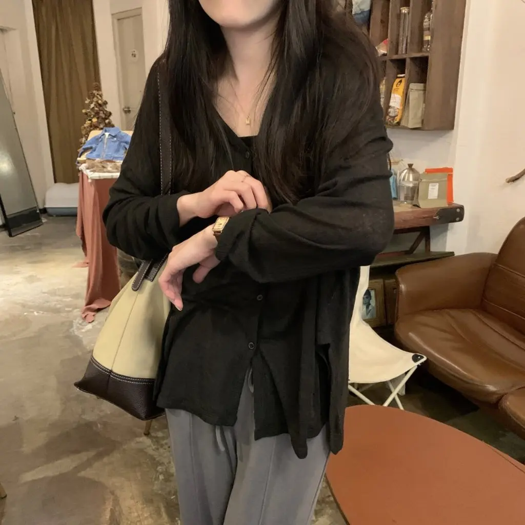 

Gray Thin Knitwear V-Neck Sun Protection Cardigan for Women Loose Casual Top Elegant Spring Summer Dropshipping