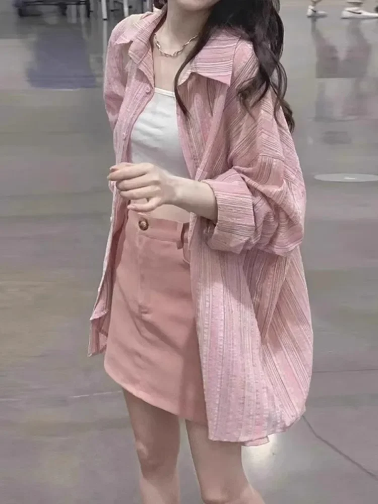 

Pink striped shirt women's summer thin 2024 new sunscreen cardigan shirt jacket design niche top